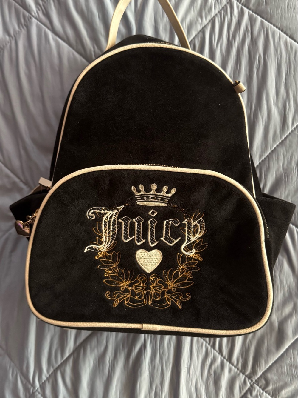 Juicy Couture Black Velvet Backpack with Cream Trim & Gold Embroidery